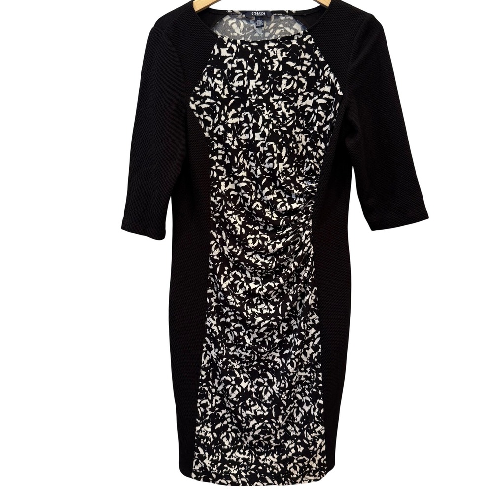 Chaps Women's Black White Abstract Print Ruched Sheath Dress Size 16